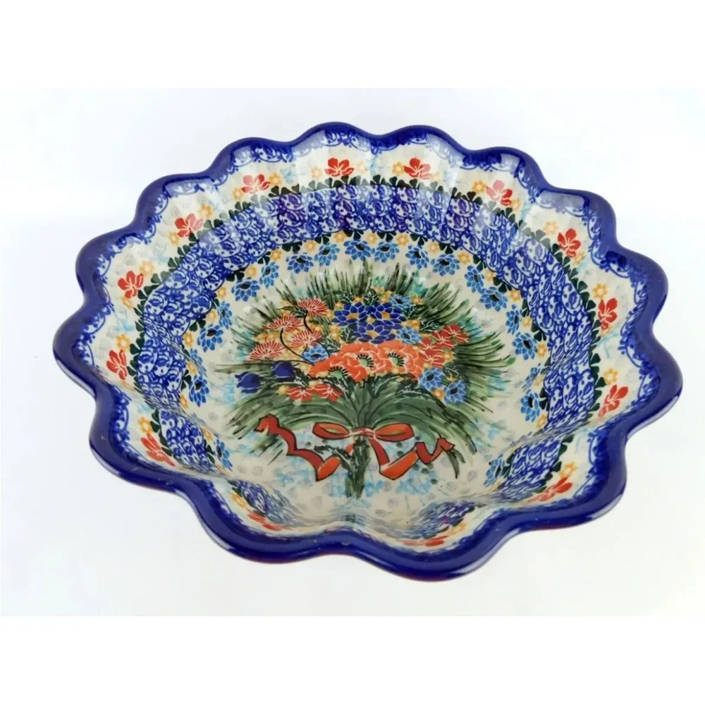 UNIKAT Hope Springs Eternal Floral Bouquet Polish Pottery Scalloped Bowl Dish